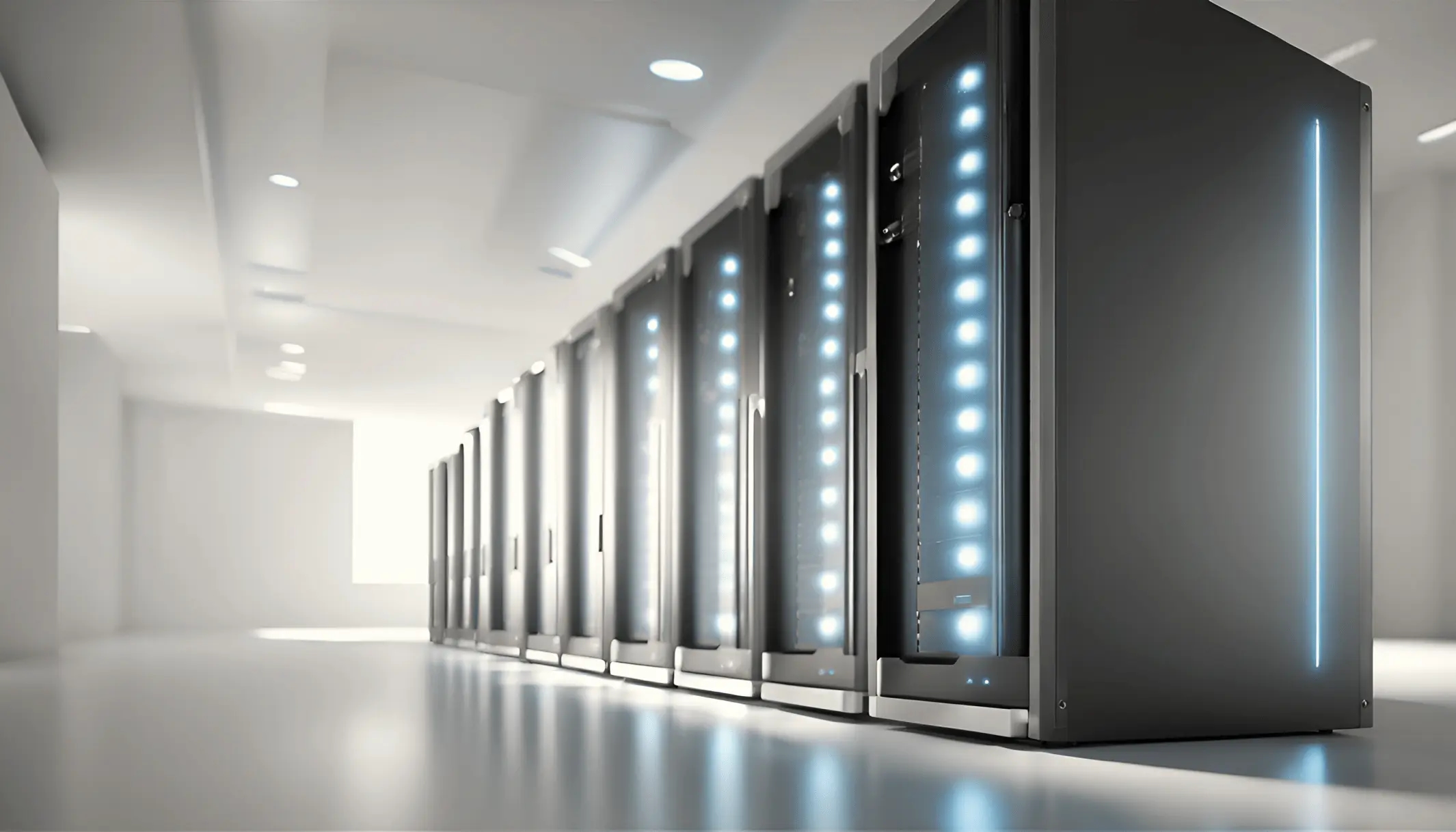 Long row of modern, sleek server racks in a bright, white room, with blue LED lights glowing from within, creating a futuristic and high-tech atmosphere.